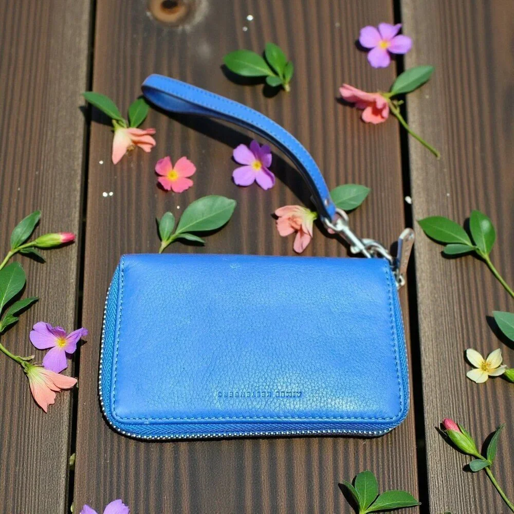 Aimee Kestenberg Blue Leather Zip Around Wristlet Wallet Compact Organizer Card